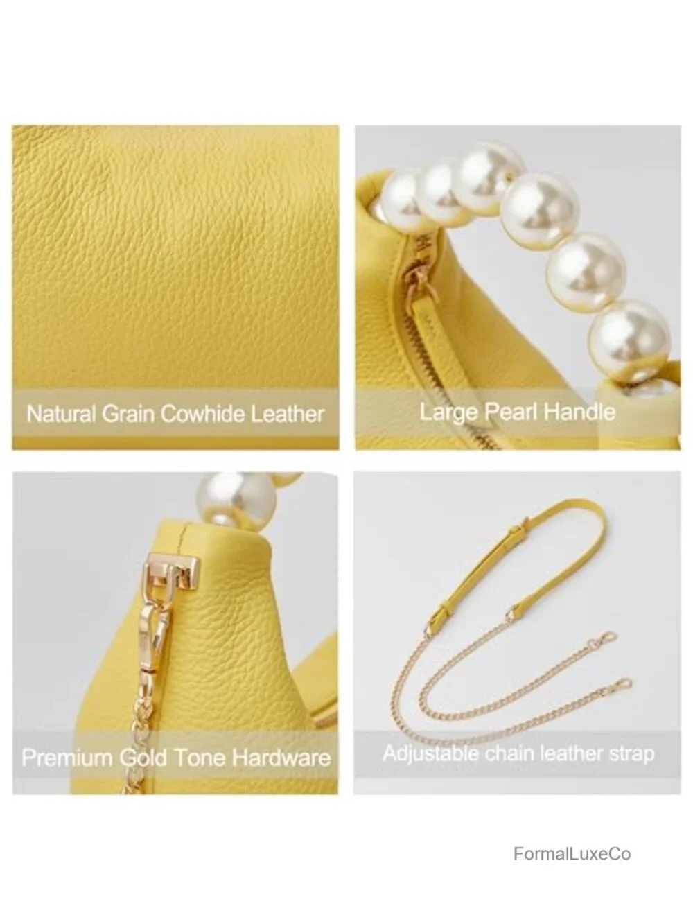 Genuine Leather Small Top Handle Clutch Purse with Pearl Handle and Detachable